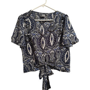 Soho Jeans Chiffon Paisley Cropped Top Summer Blouse Womens S Blue & White Bow